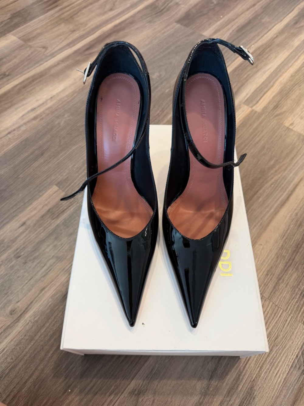 Amina Muaddi Black Patent Leather Pointed Slingback Heels
